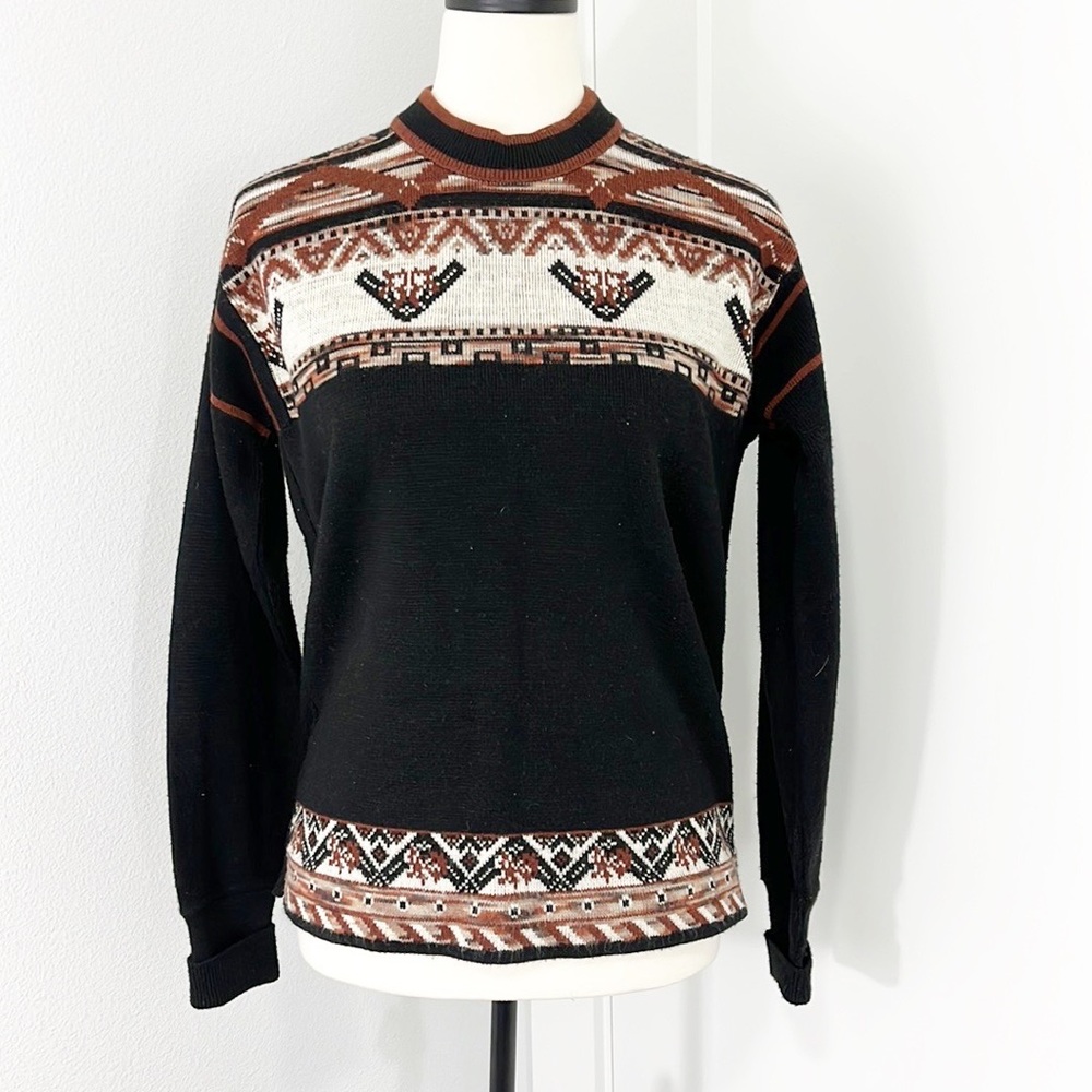Vintage JC Penney Black and Brown Medium Fair Isle Sweater